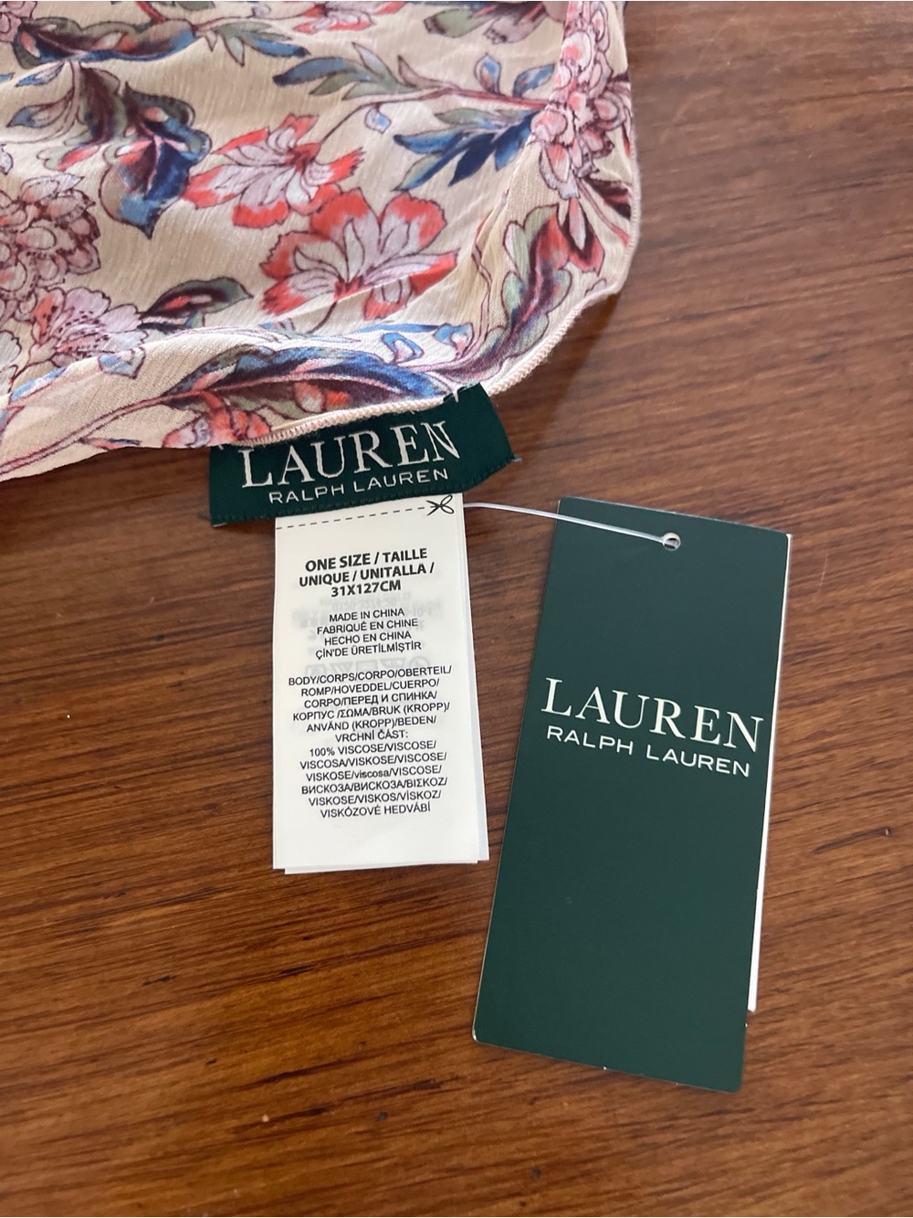 Lauren Ralph Lauren Floral Ruffle Skinny Scarf NWT Viscose Cream Pink Blue - Picture 3 of 3